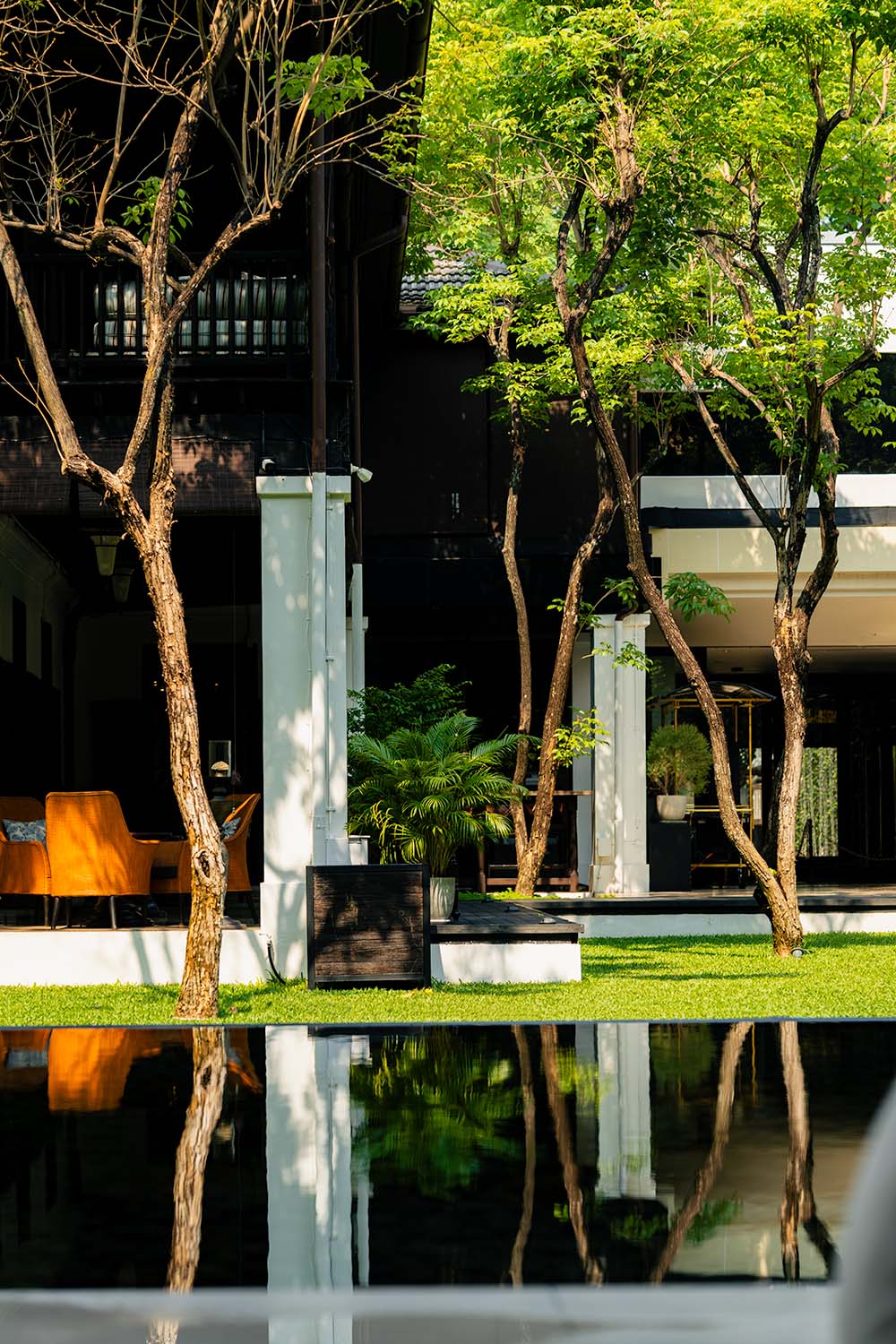 Tropical garden courtyard with white columns and reflection pool at Anantara Chiang Mai Resort, Thailand