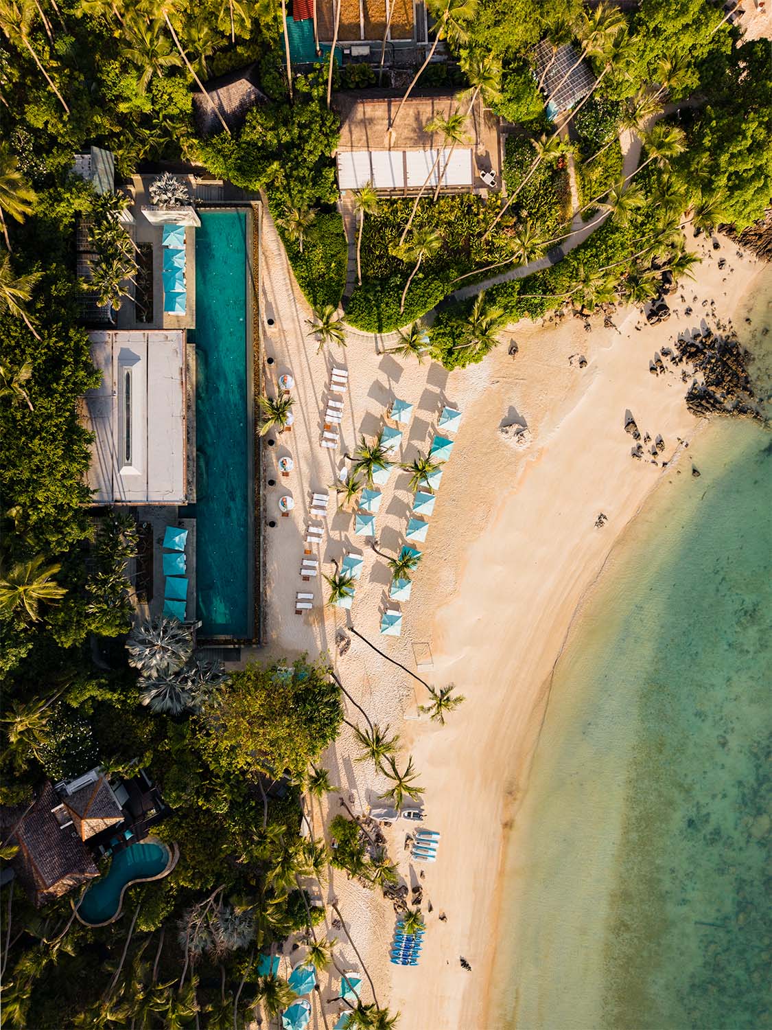 Aerial view of Four Seasons Koh Samui beachfront resort with infinity pool, palm trees, and turquoise Gulf of Thailand